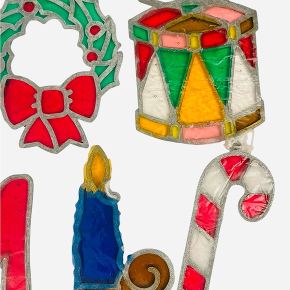 6 Vintage Suncatcher Christmas Ornament Faux Stained Glass Noel Wreath Candle 4" - Picture 14 of 14